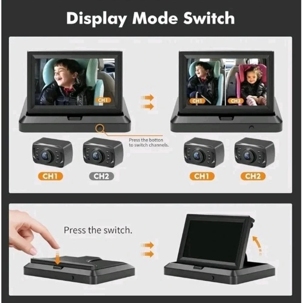 Baby Car Camera 1080P Dual-Channel Display with 2 Camera for 2 Kids Night Vision